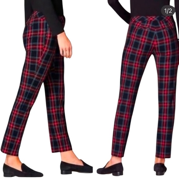 Zara Plaid Straight Leg Slim Pant Black and Red Size 4 - Picture 1 of 11
